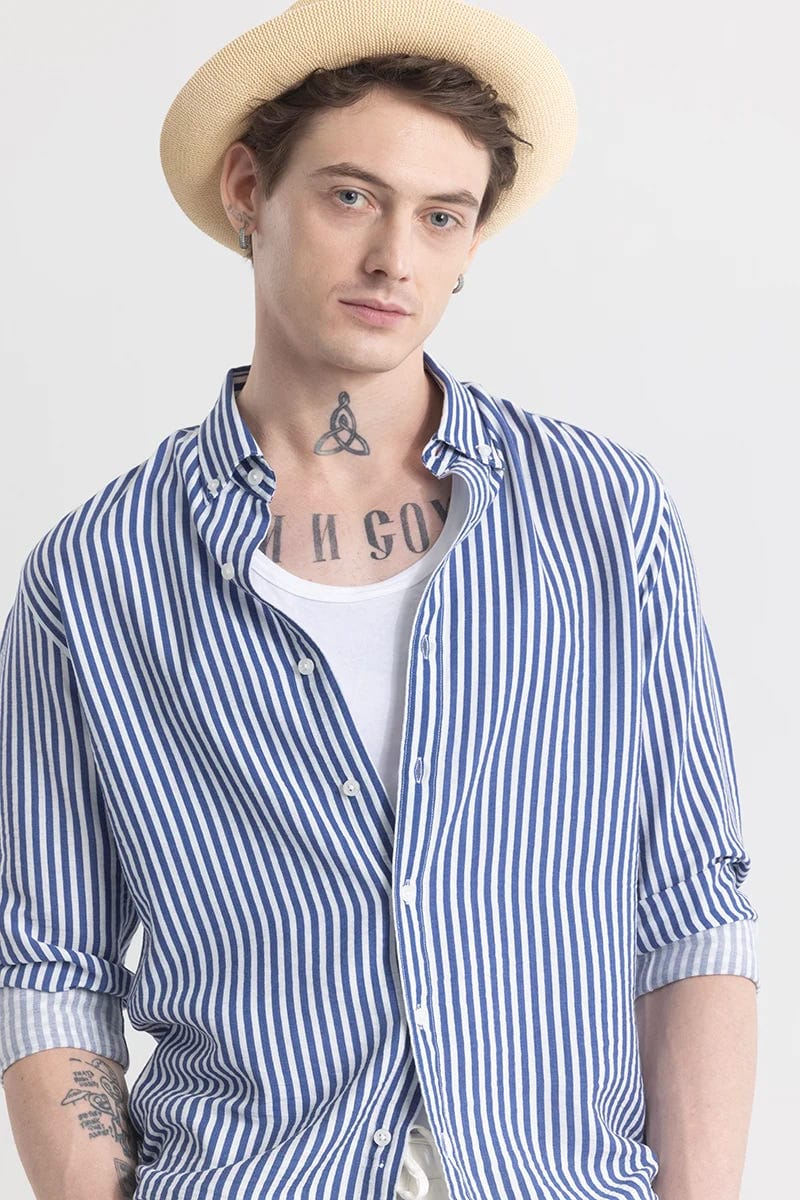 Men's Blue & White Vertical Striped Full Sleeve Shirt